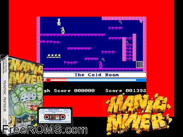 Manic Miner (UK) (1984) [a1] Amstrad CPC game showing 3D box cover and gameplay screenshot
